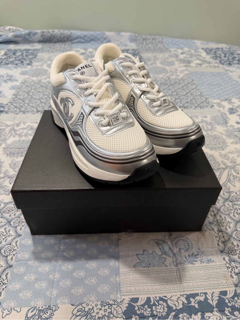 CHANEL White and Silver Platform Runner Sneakers